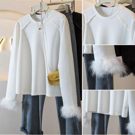 FA51171# 大码女装新款韩版胖MM高级感潮流毛毛袖中式气质显瘦修身上衣 服裝批發女裝批發服飾貨源