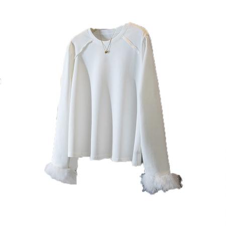 FA51171# 大码女装新款韩版胖MM高级感潮流毛毛袖中式气质显瘦修身上衣 服裝批發女裝批發服飾貨源