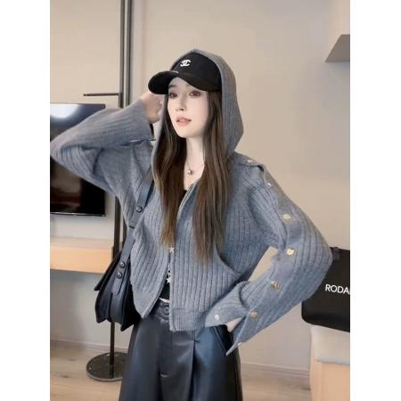 FA51172# 双拉链连帽短款针织开衫女新款小众时尚休闲慵懒毛衣外套上衣 服裝批發女裝批發服飾貨源