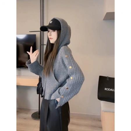 FA51172# 双拉链连帽短款针织开衫女新款小众时尚休闲慵懒毛衣外套上衣 服裝批發女裝批發服飾貨源