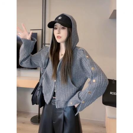 FA51172# 双拉链连帽短款针织开衫女新款小众时尚休闲慵懒毛衣外套上衣 服裝批發女裝批發服飾貨源