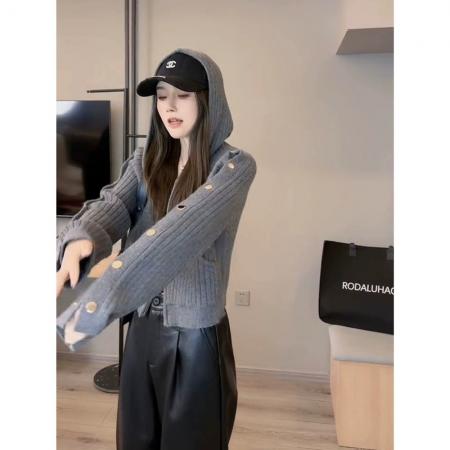 FA51172# 双拉链连帽短款针织开衫女新款小众时尚休闲慵懒毛衣外套上衣 服裝批發女裝批發服飾貨源