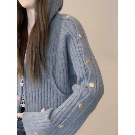 FA51172# 双拉链连帽短款针织开衫女新款小众时尚休闲慵懒毛衣外套上衣 服裝批發女裝批發服飾貨源