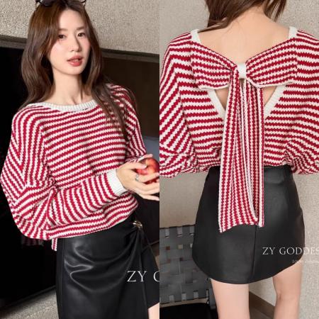 FA51173# 秋季新款韩版设计感甜美后背蝴蝶结针织衫小众宽松短款毛衣女 服裝批發女裝批發服飾貨源