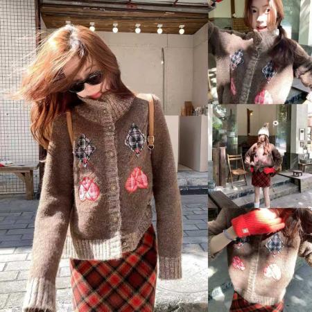 FA51174# 韩系复古咖色高领毛衣外套女冬季新款小个子针织开衫上衣 服裝批發女裝批發服飾貨源