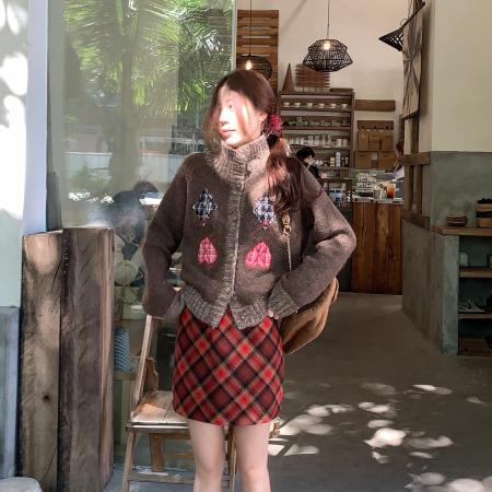 FA51174# 韩系复古咖色高领毛衣外套女冬季新款小个子针织开衫上衣 服裝批發女裝批發服飾貨源