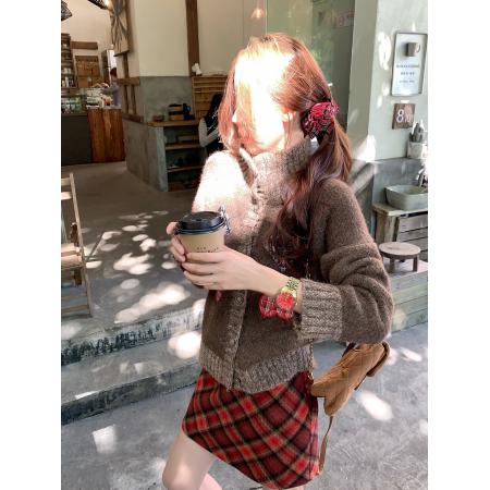 FA51174# 韩系复古咖色高领毛衣外套女冬季新款小个子针织开衫上衣 服裝批發女裝批發服飾貨源