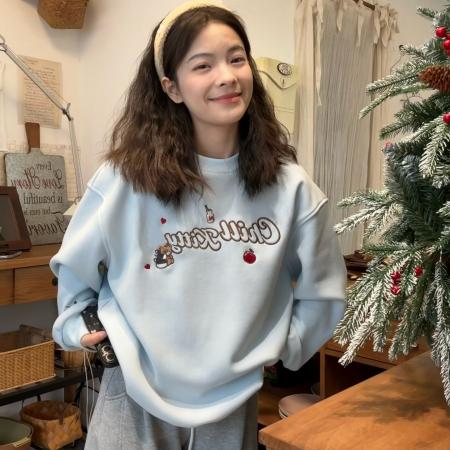 FA51177# 大码加绒加厚卫衣胖MM慵懒宽松设计感卡通刺绣圆领上衣 服裝批發女裝批發服飾貨源