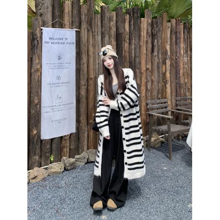 FA51179# 大码百搭宽松加厚针织条纹连帽开衫外套女 服裝批發女裝批發服飾貨源