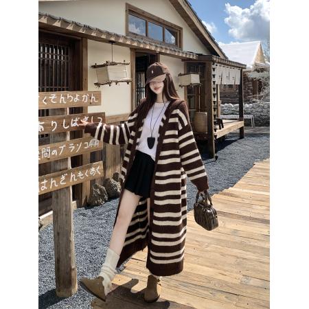 FA51179# 大码百搭宽松加厚针织条纹连帽开衫外套女 服裝批發女裝批發服飾貨源