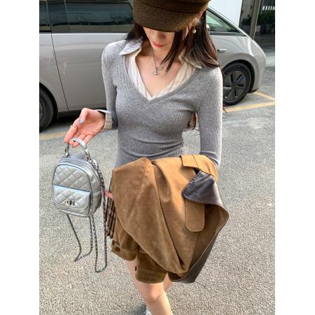 FA51180# 图撞色拼接polo领假两件打底衫T恤女秋冬新款显瘦上衣 服裝批發女裝批發服飾貨源