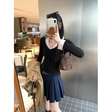 FA51180# 图撞色拼接polo领假两件打底衫T恤女秋冬新款显瘦上衣 服裝批發女裝批發服飾貨源