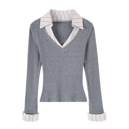 FA51180# 图撞色拼接polo领假两件打底衫T恤女秋冬新款显瘦上衣 服裝批發女裝批發服飾貨源