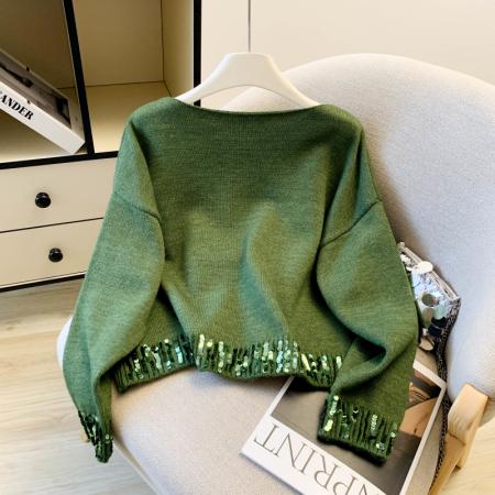 FA51183# 高级感纯正绿色设计小众亮片套头圆领毛衣上衣打底衫针织衫 服裝批發女裝批發服飾貨源