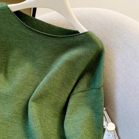 FA51183# 高级感纯正绿色设计小众亮片套头圆领毛衣上衣打底衫针织衫 服裝批發女裝批發服飾貨源