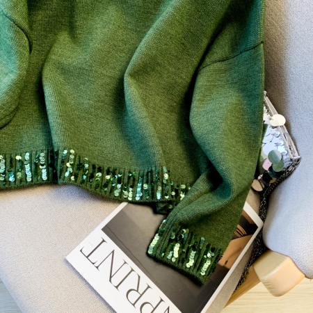 FA51183# 高级感纯正绿色设计小众亮片套头圆领毛衣上衣打底衫针织衫 服裝批發女裝批發服飾貨源