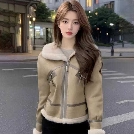 FA51184# 立领夹克冬新款宽松保暖皮毛一体加厚机车服外套 服裝批發女裝批發服飾貨源