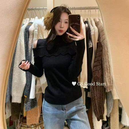FA51185# 韩系气质设计感露肩针织上衣女冬季十三行新款半高领长袖打底衫 服裝批發女裝批發服飾貨源
