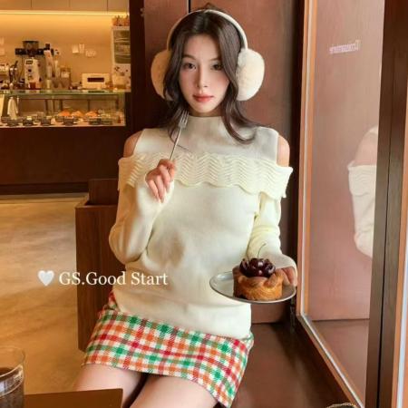 FA51185# 韩系气质设计感露肩针织上衣女冬季十三行新款半高领长袖打底衫 服裝批發女裝批發服飾貨源