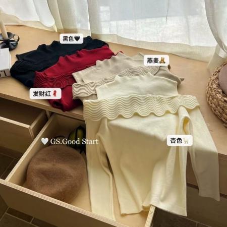 FA51185# 韩系气质设计感露肩针织上衣女冬季十三行新款半高领长袖打底衫 服裝批發女裝批發服飾貨源
