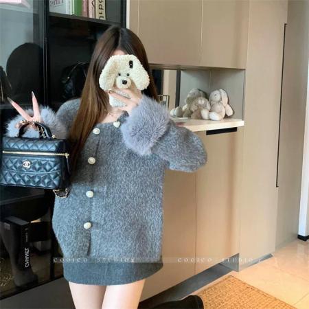 FA51186# 秋冬新款法式小香风毛衣外套女宽松洋气厚仿貂绒针织开衫上衣 服裝批發女裝批發服飾貨源