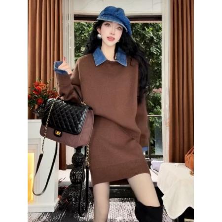 FA51187# 慵懒风圣诞红色时尚套装女秋冬衬衫领口毛衣松紧腰半身短裙两件套 服裝批發女裝批發服飾貨源