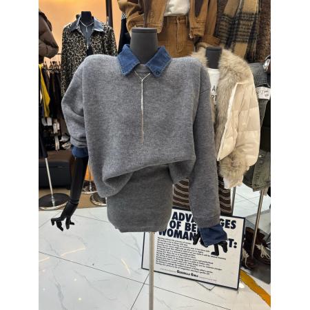 FA51187# 慵懒风圣诞红色时尚套装女秋冬衬衫领口毛衣松紧腰半身短裙两件套 服裝批發女裝批發服飾貨源