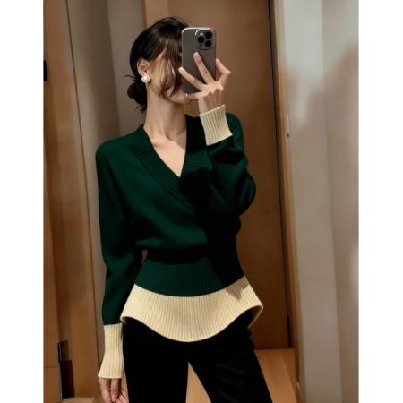 FA51188# 韩系高级感撞色拼接v领毛衣女秋冬设计感收腰显瘦内搭打底针织衫 服裝批發女裝批發服飾貨源