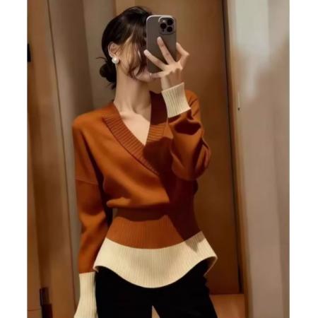FA51188# 韩系高级感撞色拼接v领毛衣女秋冬设计感收腰显瘦内搭打底针织衫 服裝批發女裝批發服飾貨源