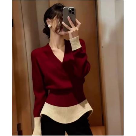 FA51188# 韩系高级感撞色拼接v领毛衣女秋冬设计感收腰显瘦内搭打底针织衫 服裝批發女裝批發服飾貨源