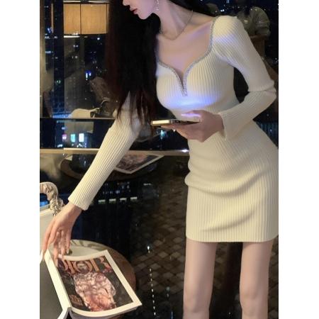 FA51190# 秋冬重要场合法式高端精致高级感巨好看小个子烫钻针织毛衣连衣裙 服裝批發女裝批發服飾貨源