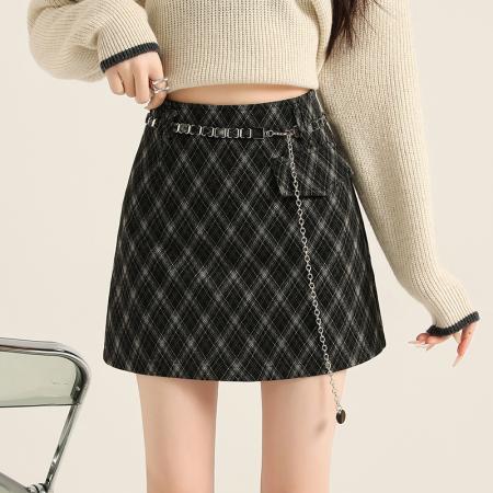 FA51191# 复古格纹毛呢半身裙女新款秋冬季小个子链条高腰a字包臀短裙 服裝批發女裝批發服飾貨源