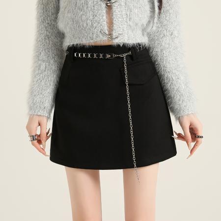 FA51191# 复古格纹毛呢半身裙女新款秋冬季小个子链条高腰a字包臀短裙 服裝批發女裝批發服飾貨源