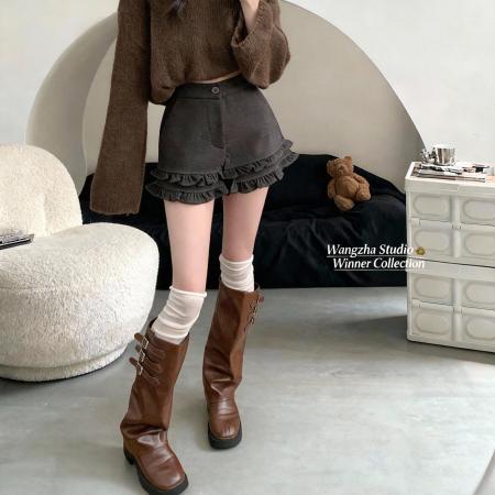 FA51192# 小矮个子双层荷叶边毛呢短裤女秋冬休闲a字热裤 服裝批發女裝批發服飾貨源