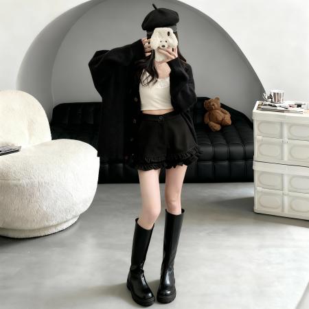 FA51192# 小矮个子双层荷叶边毛呢短裤女秋冬休闲a字热裤 服裝批發女裝批發服飾貨源