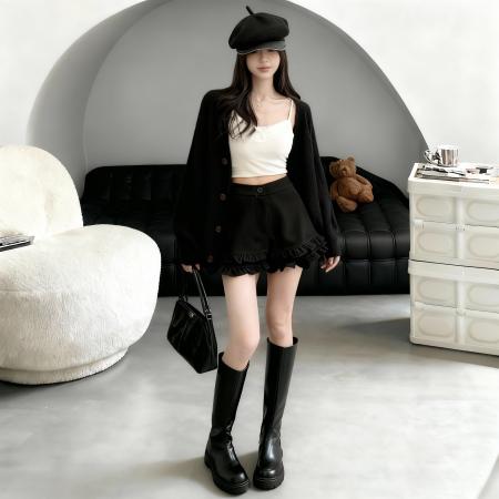 FA51192# 小矮个子双层荷叶边毛呢短裤女秋冬休闲a字热裤 服裝批發女裝批發服飾貨源