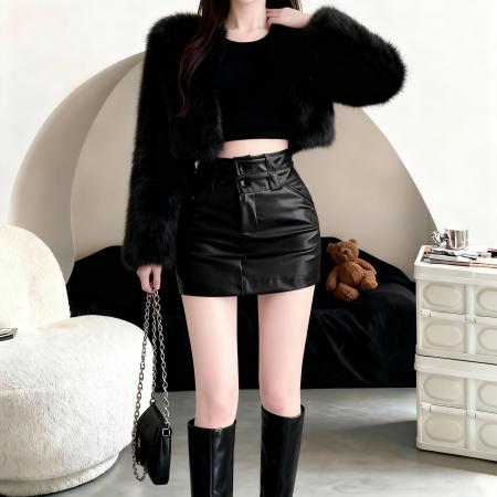 FA51193# 小矮个子双腰头pu皮半身裙女秋冬高腰a字包臀皮裙 服裝批發女裝批發服飾貨源