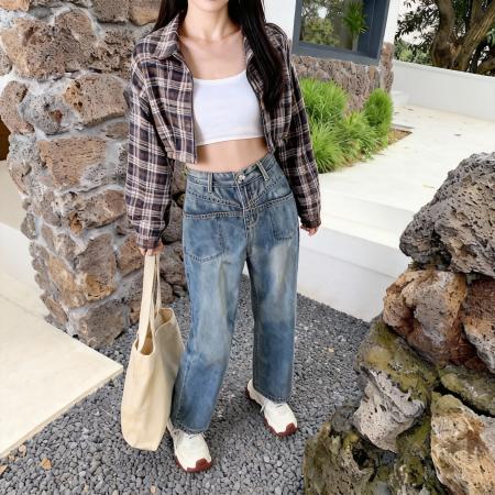 FA51194# 小矮个子美式设计感复古牛仔裤高腰直筒阔腿宽松xs八分秋冬 服裝批發女裝批發服飾貨源