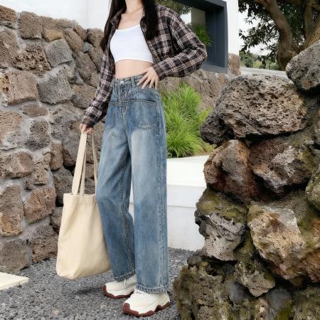 FA51194# 小矮个子美式设计感复古牛仔裤高腰直筒阔腿宽松xs八分秋冬 服裝批發女裝批發服飾貨源