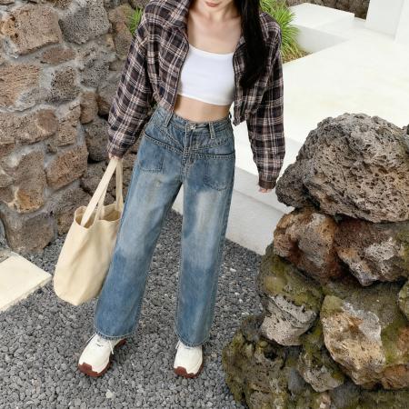 FA51194# 小矮个子美式设计感复古牛仔裤高腰直筒阔腿宽松xs八分秋冬 服裝批發女裝批發服飾貨源