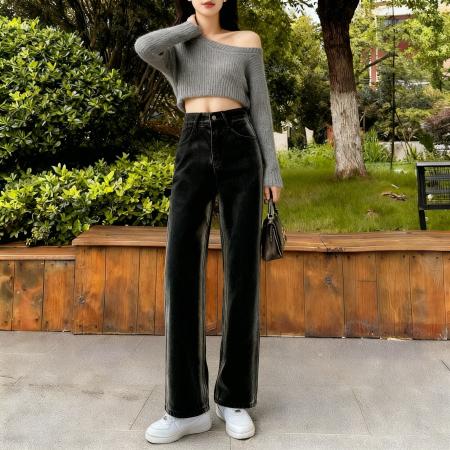 FA51195# 小个子美式春秋渐变牛仔裤复古xxs高腰直筒阔腿九分拖地 服裝批發女裝批發服飾貨源