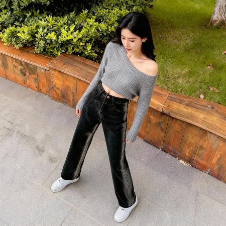 FA51195# 小个子美式春秋渐变牛仔裤复古xxs高腰直筒阔腿九分拖地 服裝批發女裝批發服飾貨源