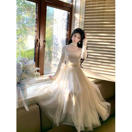 FA51197# 少女感温柔拼接网纱仙女风显瘦长袖连衣裙加厚 服裝批發女裝批發服飾貨源