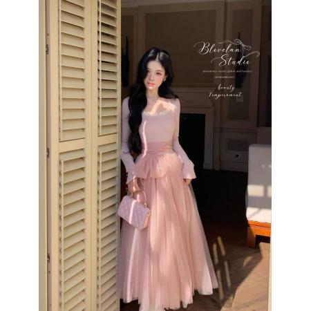 FA51197# 少女感温柔拼接网纱仙女风显瘦长袖连衣裙加厚 服裝批發女裝批發服飾貨源