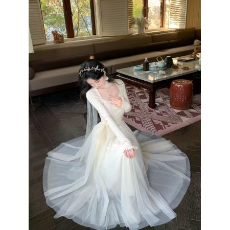 FA51197# 少女感温柔拼接网纱仙女风显瘦长袖连衣裙加厚 服裝批發女裝批發服飾貨源