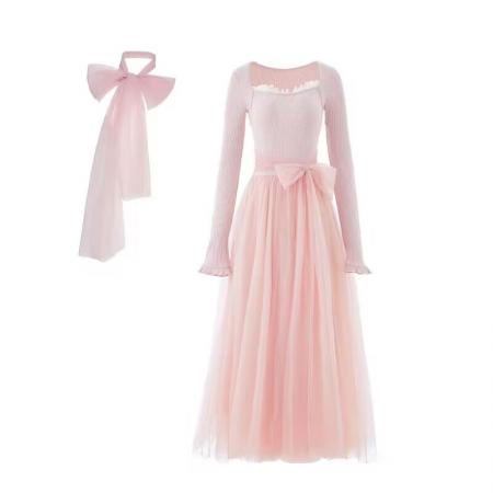 FA51197# 少女感温柔拼接网纱仙女风显瘦长袖连衣裙加厚 服裝批發女裝批發服飾貨源