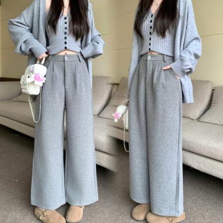 FA51198# 毛呢裤秋冬韩版加厚直筒西装裤长裤显瘦小个子休闲九分阔腿裤 服裝批發女裝批發服飾貨源