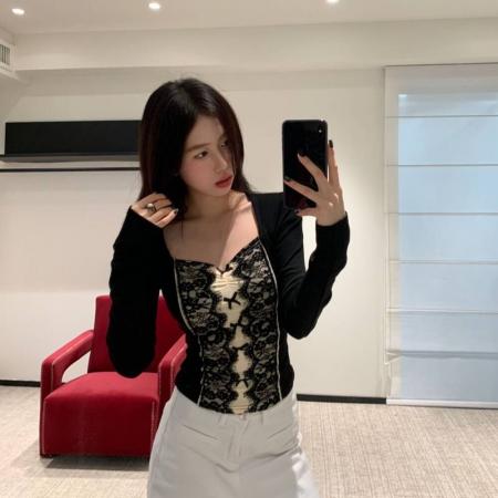 FA51205# 方领蕾丝拼接蝴蝶结气质修身长袖上衣遮肉韩版遮肚ins纯欲风辣妹 服裝批發女裝批發服飾貨源