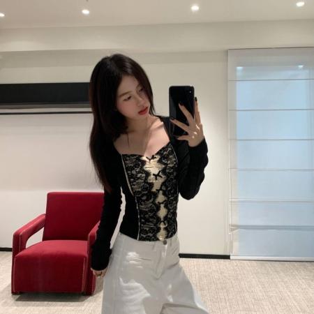 FA51205# 方领蕾丝拼接蝴蝶结气质修身长袖上衣遮肉韩版遮肚ins纯欲风辣妹 服裝批發女裝批發服飾貨源