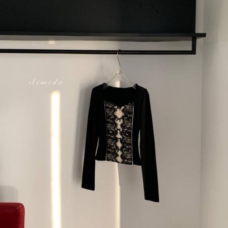 FA51205# 方领蕾丝拼接蝴蝶结气质修身长袖上衣遮肉韩版遮肚ins纯欲风辣妹 服裝批發女裝批發服飾貨源